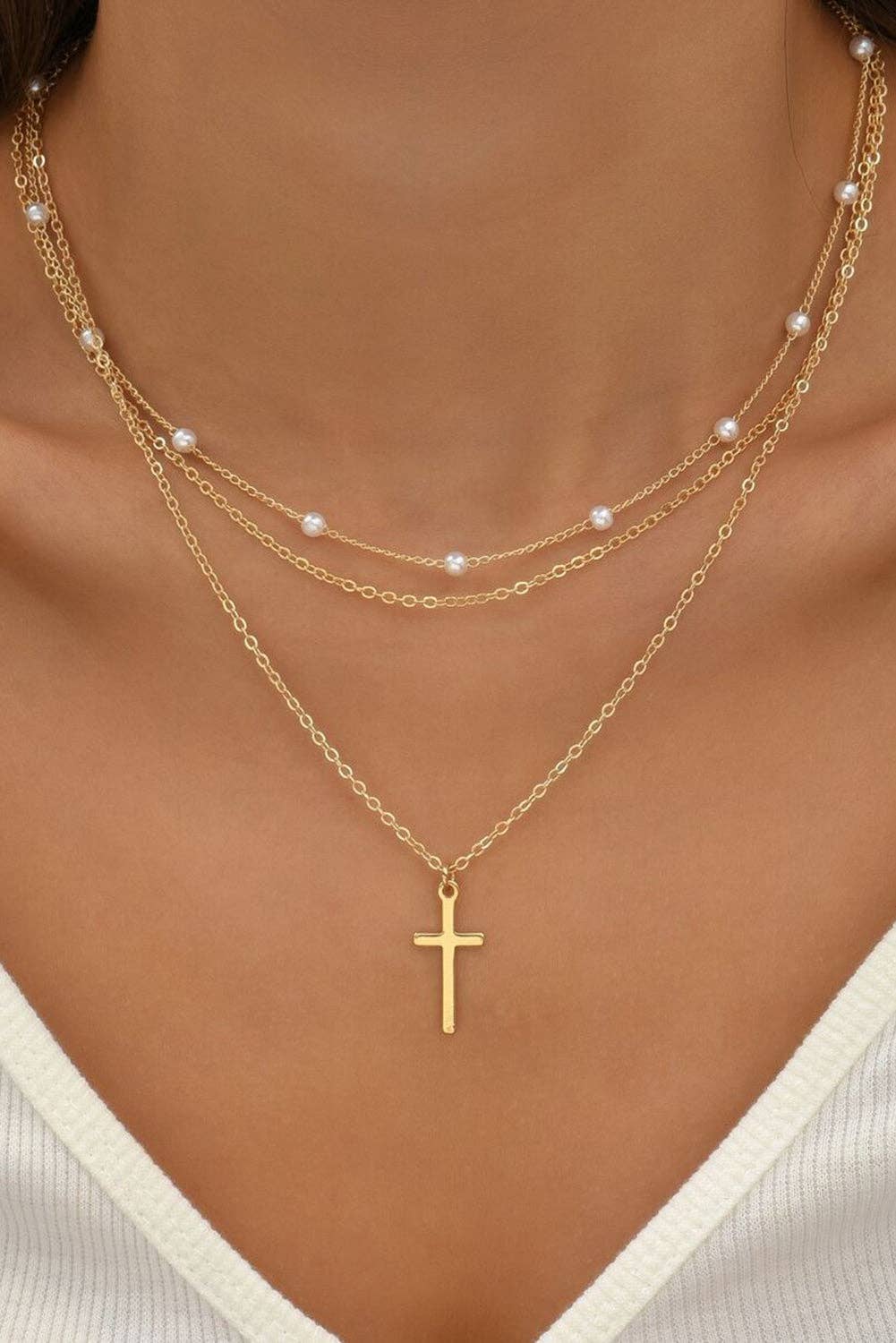 Layered Gold and Pearl Cross Necklace