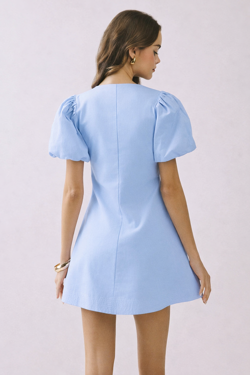 Baby Blue Puff Sleeve Button-Front Mini Dress