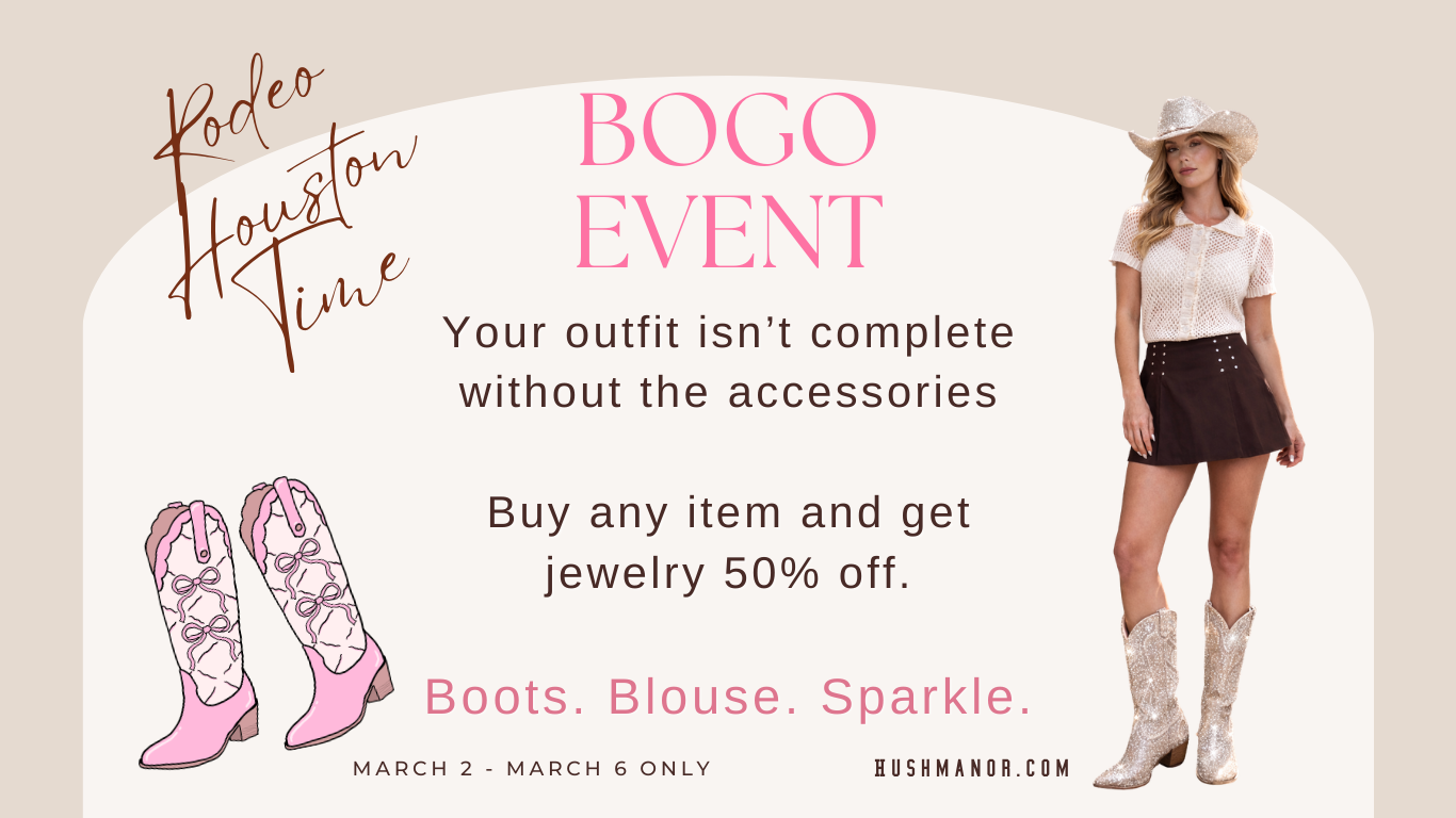 Promotional advertisement for a BOGO event with cowboy boots, jewelry, and a woman in a cowboy hat and outfit.