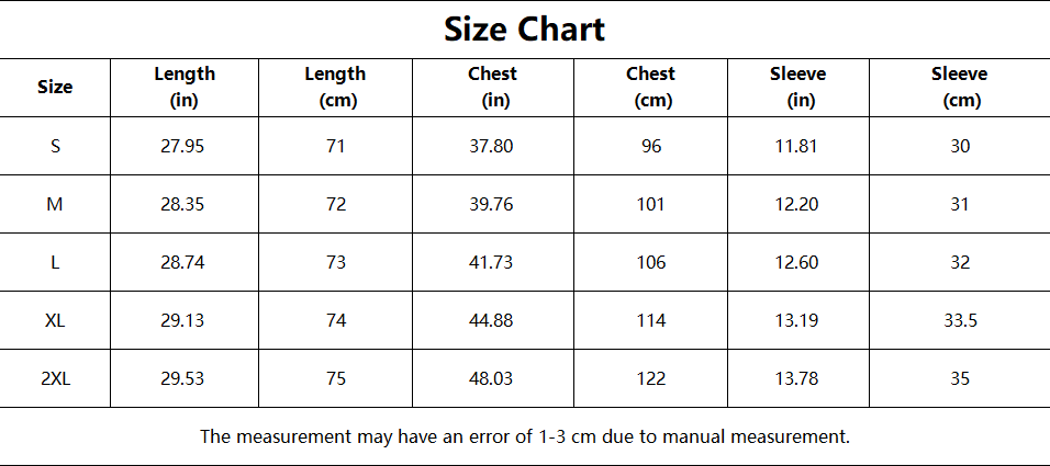 Size chart for clothing measurements in inches and centimeters