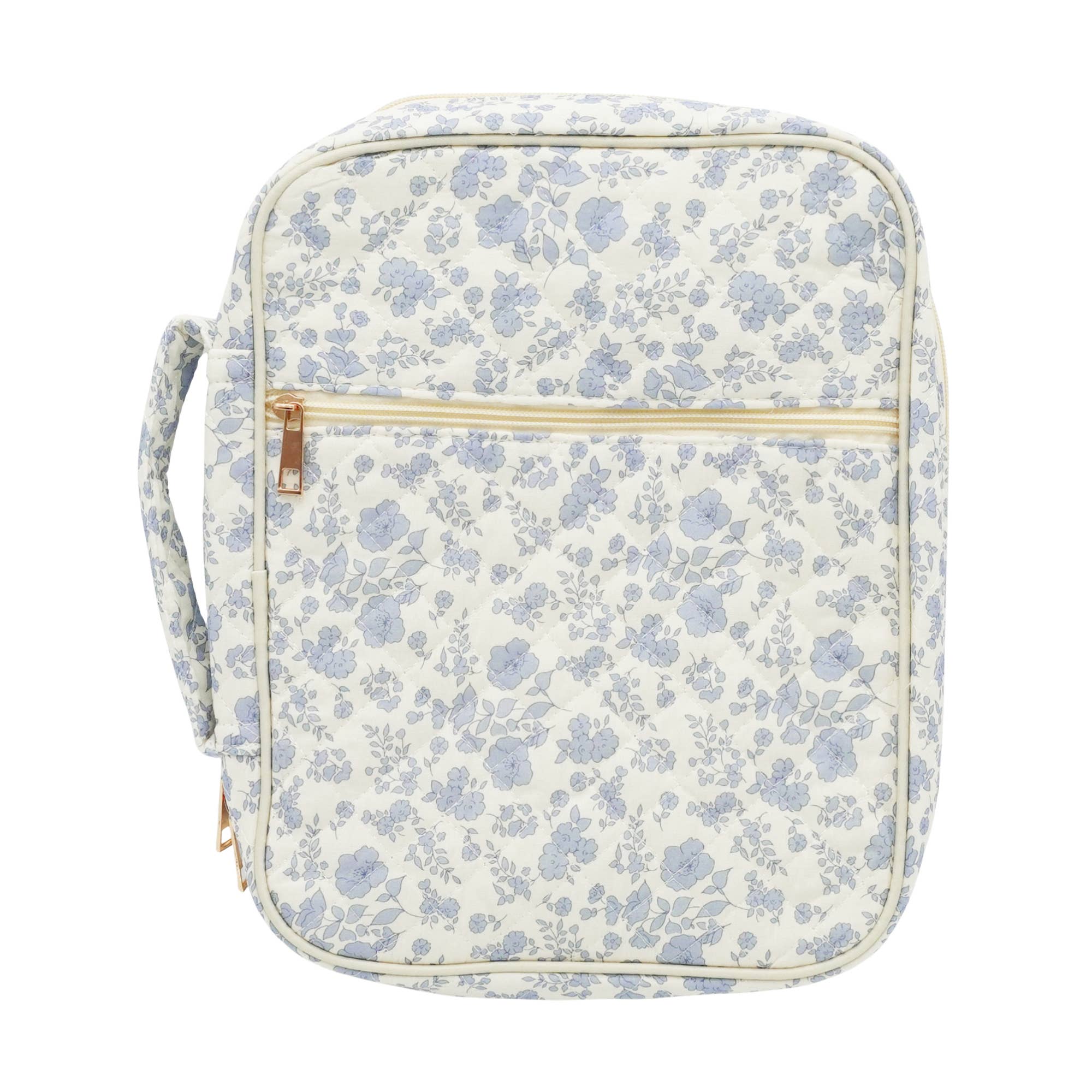 Floral-patterned bag with a gold zipper on a white background