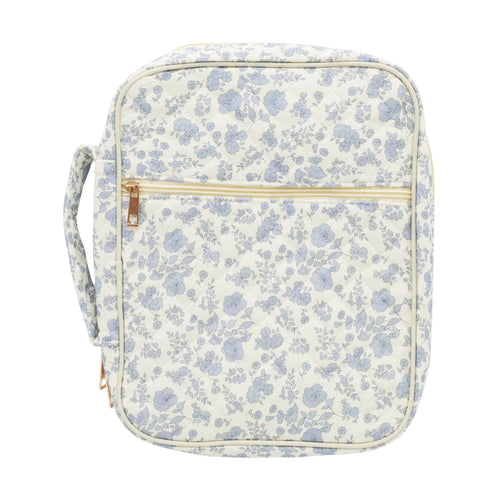 Floral-patterned bag with a gold zipper on a white background