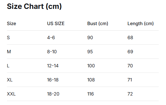 Size chart in centimeters for clothing with US size equivalents.