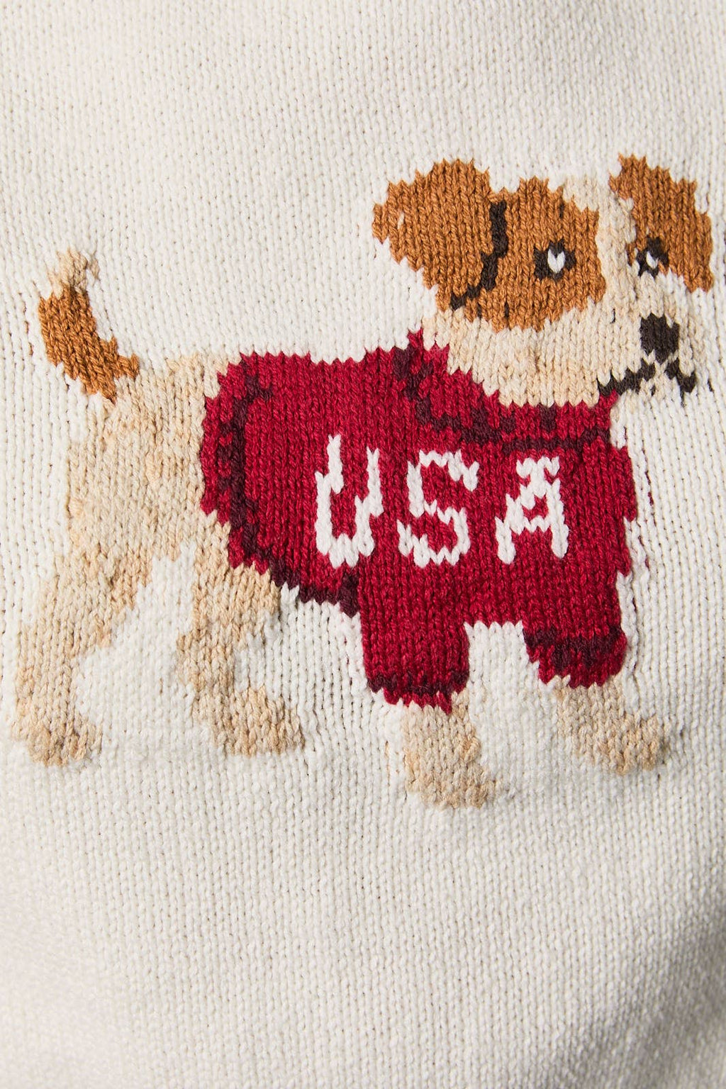 Knitted dog wearing a red sweater with 'USA' on a white background
