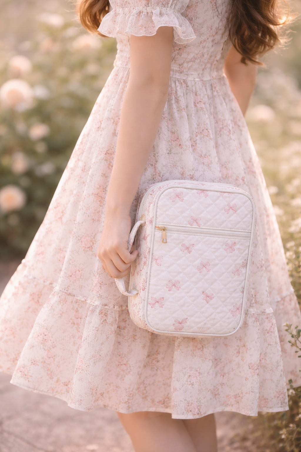 Person wearing a floral dress holding a white crossbody bag with a blurred background