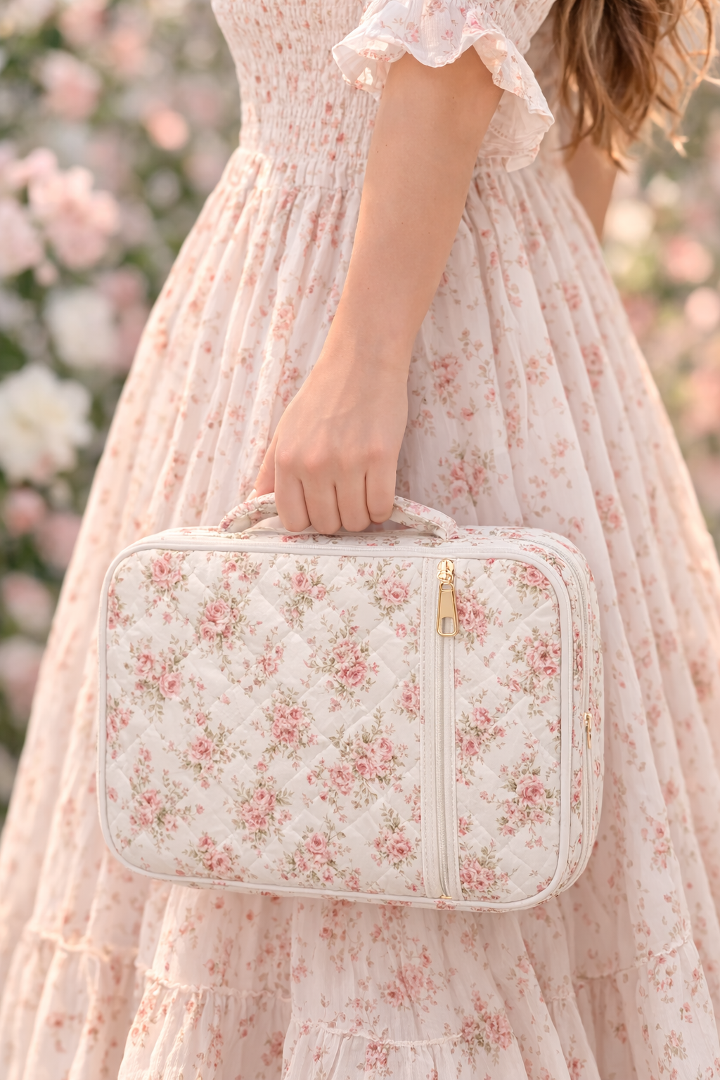 Person holding a floral-patterned suitcase with a blurred floral background