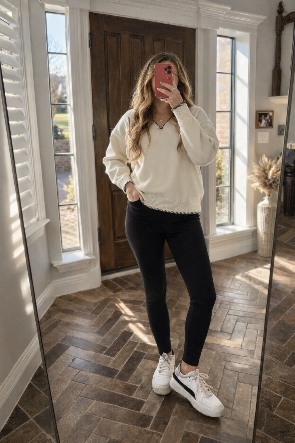 Stitched V-Neck Long Sleeve Knit Top