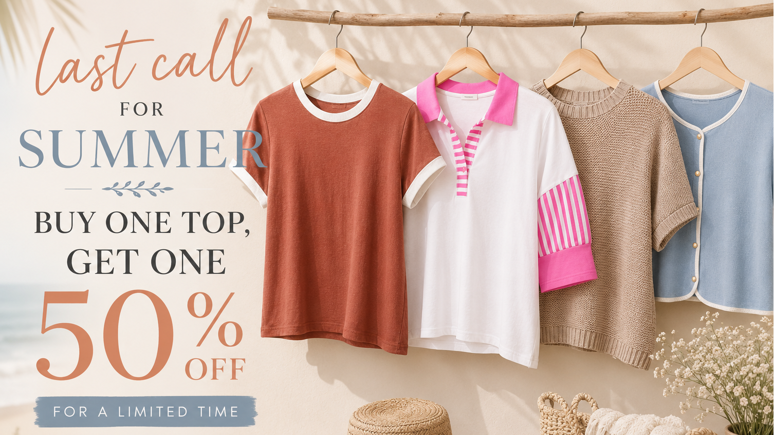 A promotional banner showing four women's summer tops hanging on a wooden rack against a warm beige background with a beach and palm leaves. The text on the left reads 'last call FOR SUMMER BUY ONE TOP, GET ONE 50% OFF'.